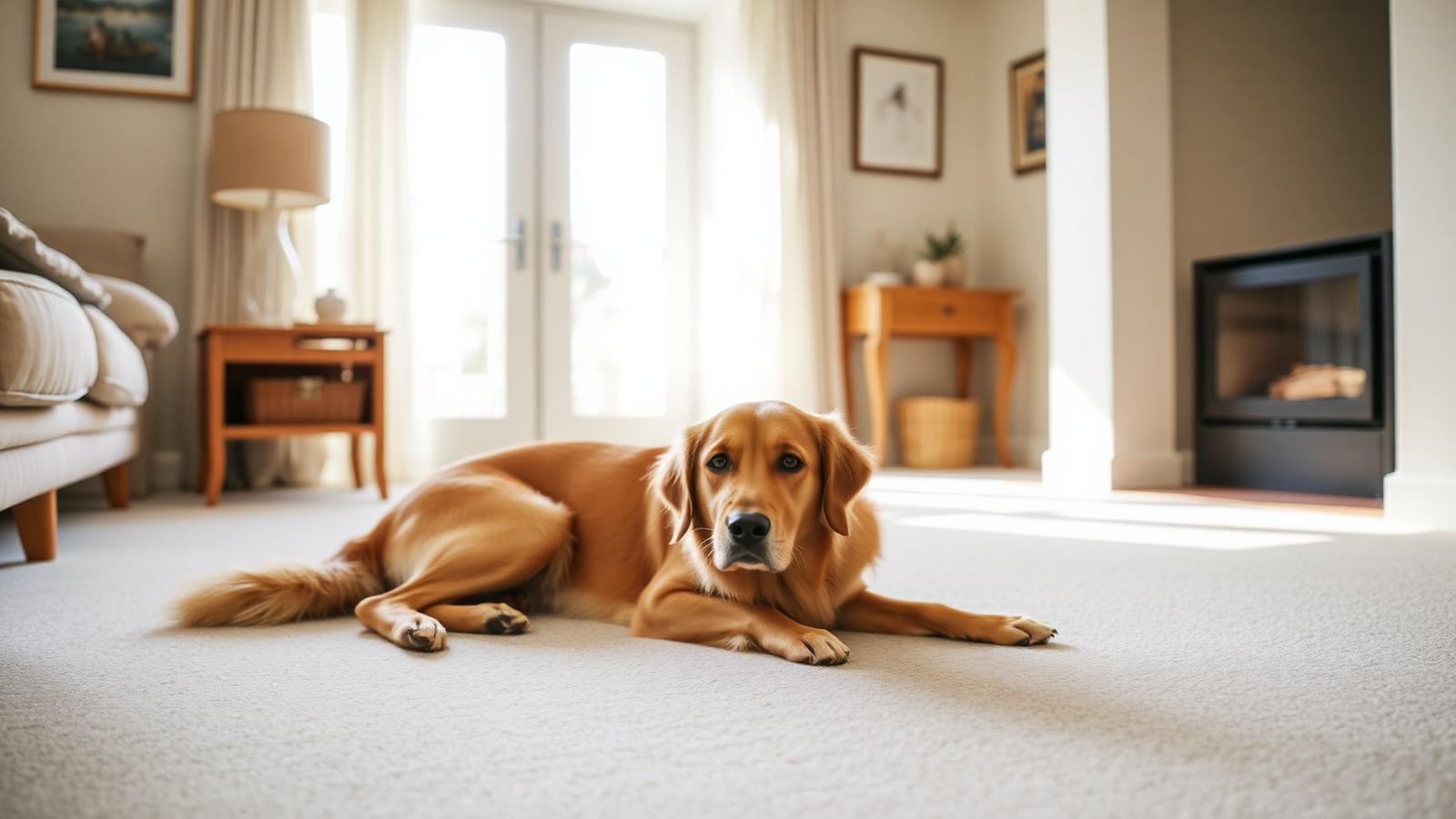 Golden retriever resting on a freshly cleaned carpet in a Stellenbosch home