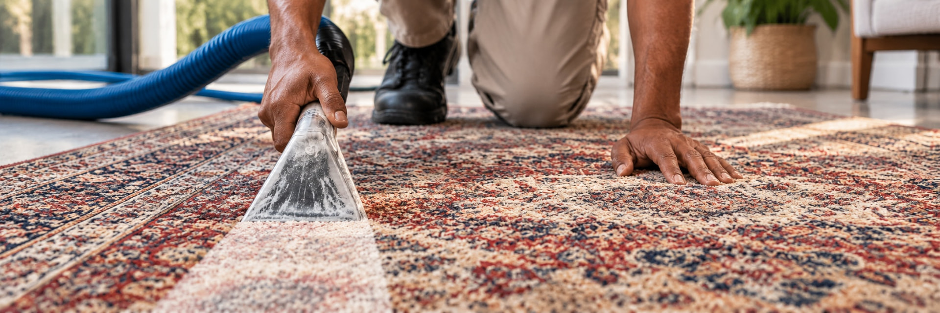 Sparklify technician deep cleaning a Persian rug on-site in a Cape Town home