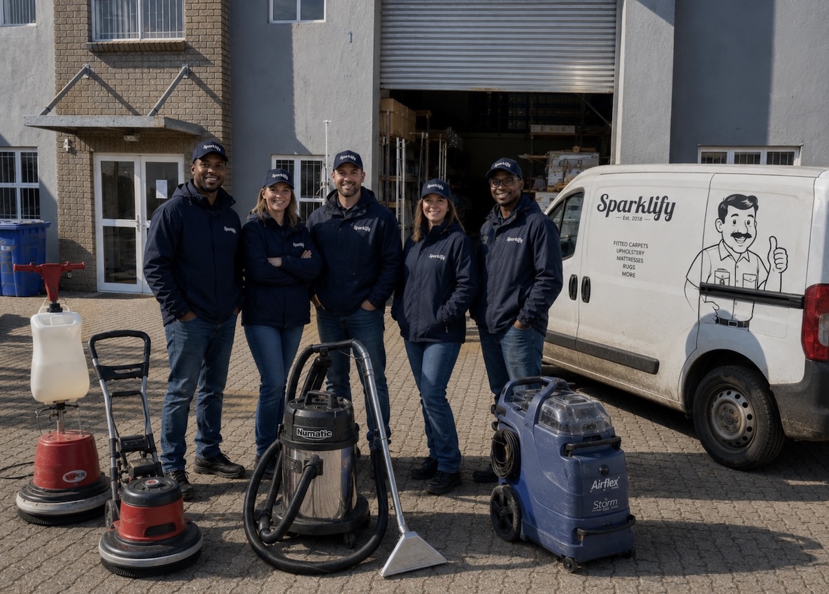 The Sparklify team in uniform with their branded van and professional carpet cleaning equipment in Cape Town