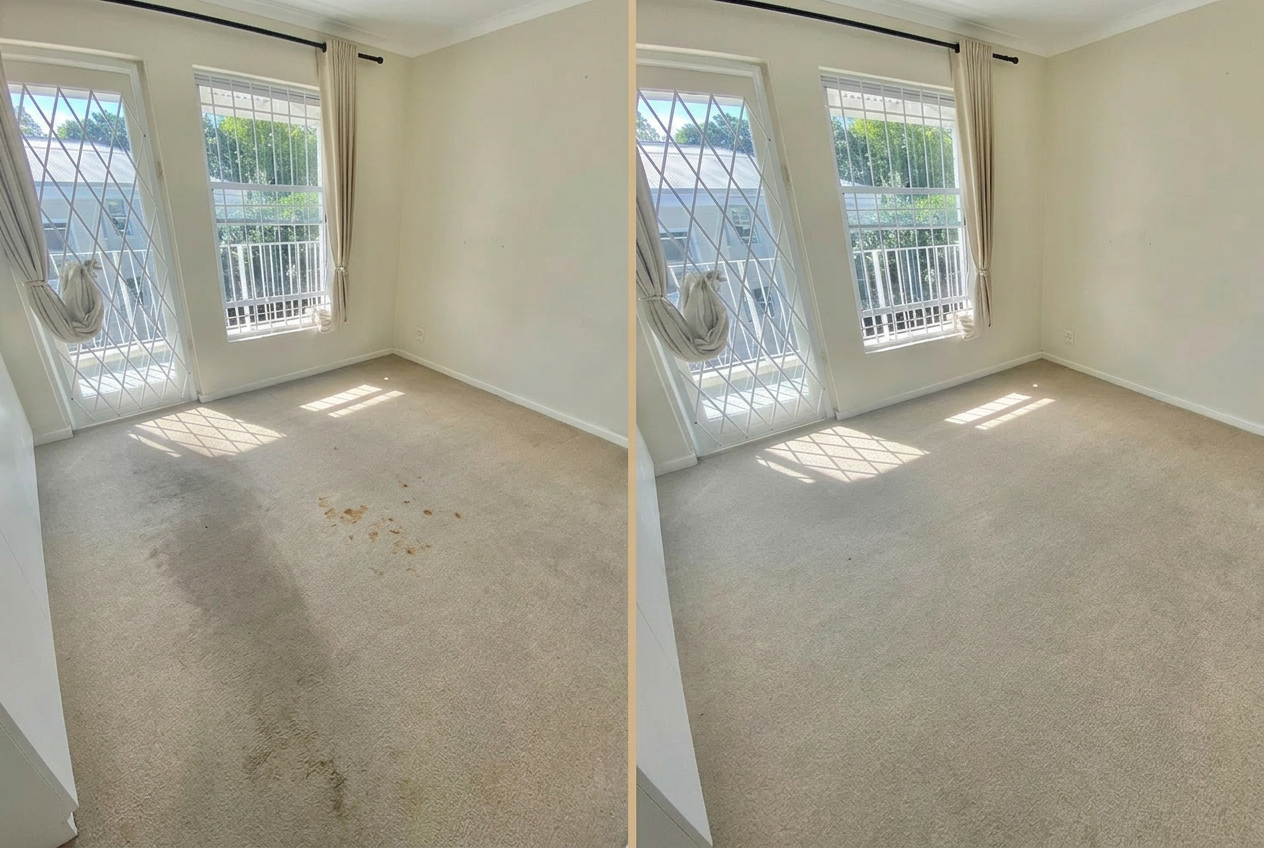 Stained bedroom carpet restored before a new tenant move-in — Bellville.