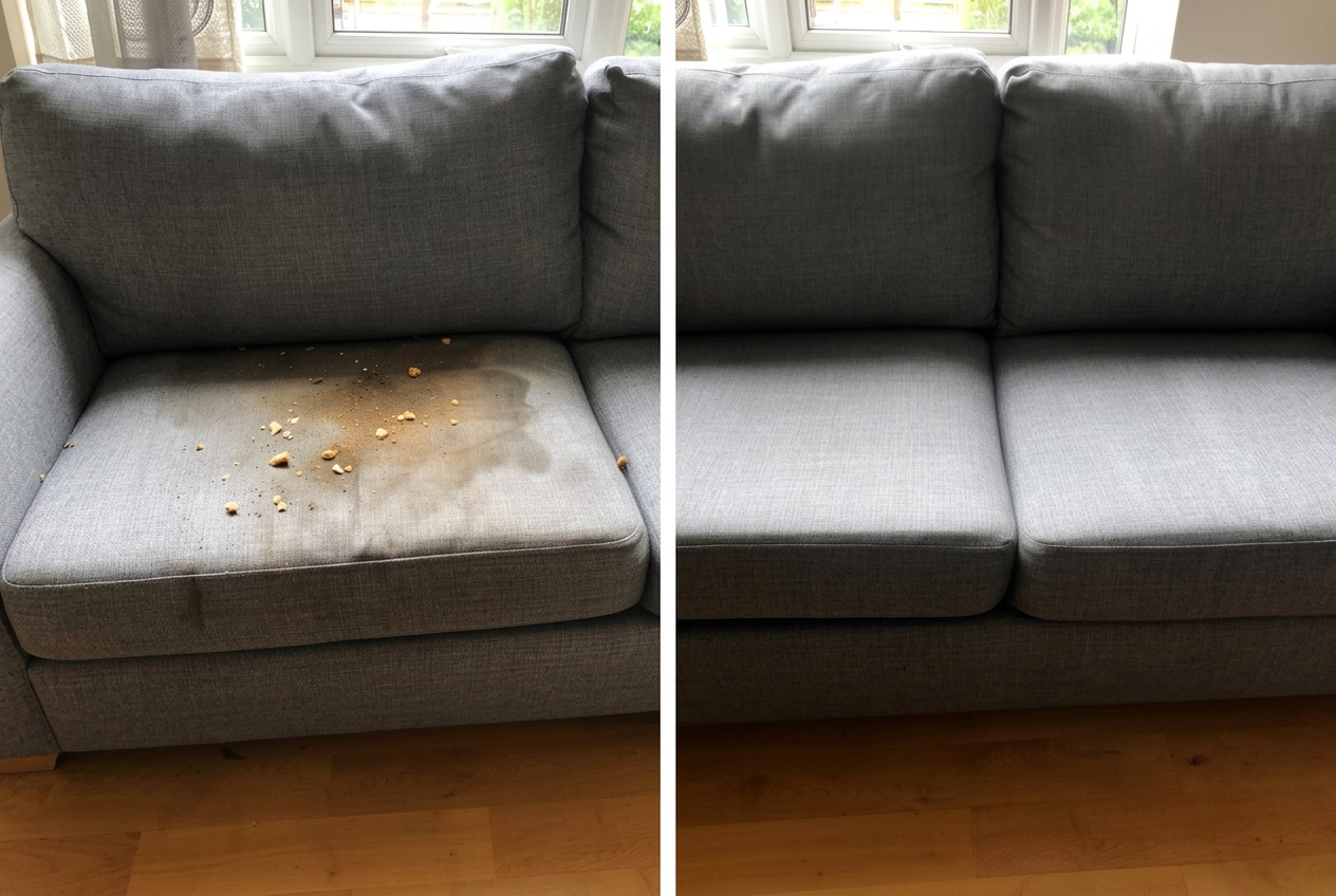 Grey three-seater rescued after a kids' snack disaster — Sea Point.