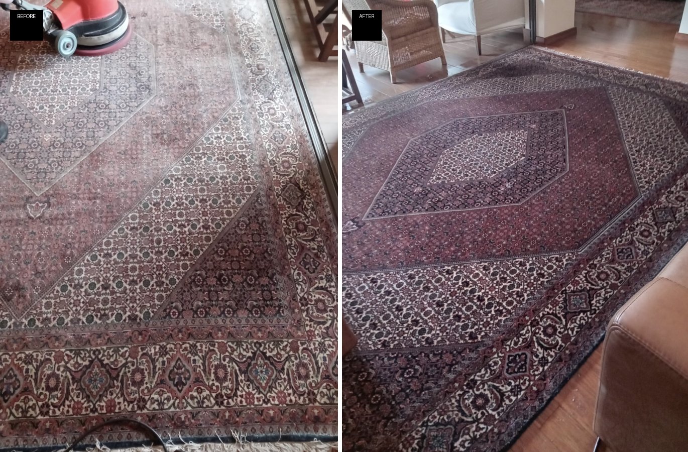 Persian rug before and after in-home deep cleaning — dusty, faded pile on the left restored to vibrant reds and detailed pattern on the right.